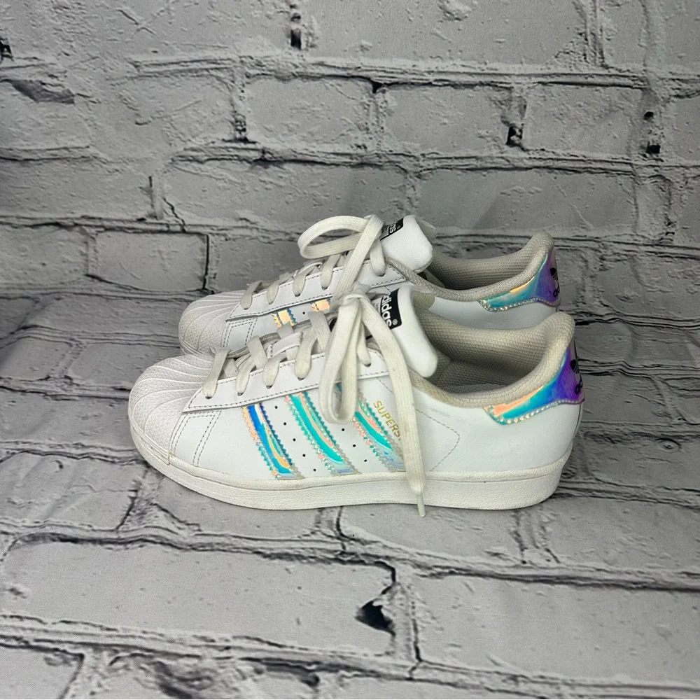 adidas Originals Superstar Sneakers with Iridescent and White Kids Size 4